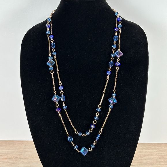 Blue Iridescent Plastic Beads Double Gold Tone Chain Necklace Vintage Style 36" - Picture 2 of 9
